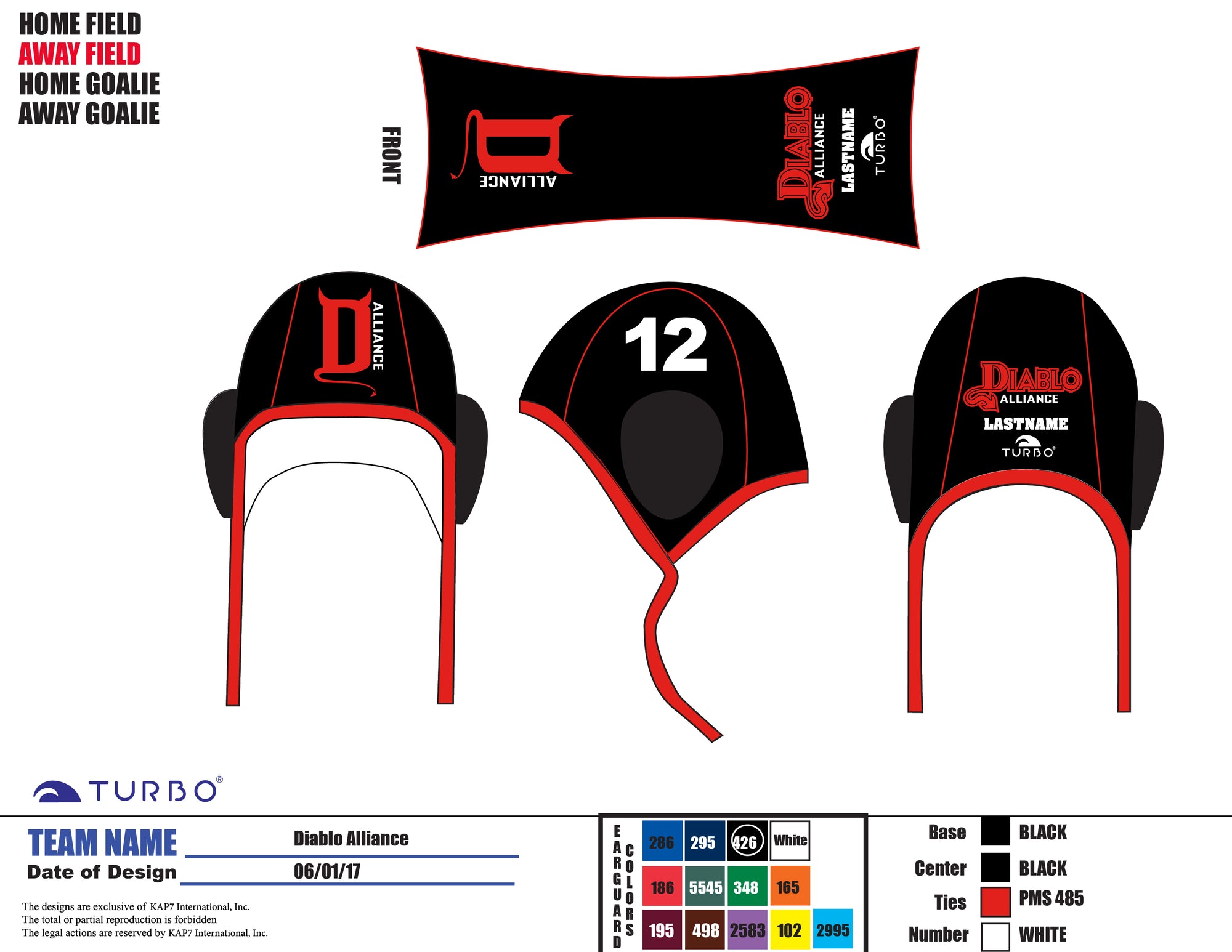 Diablo Alliance WPC Team Store - TURBO Field Athlete Water Polo Caps -  - include last name and NUMBER