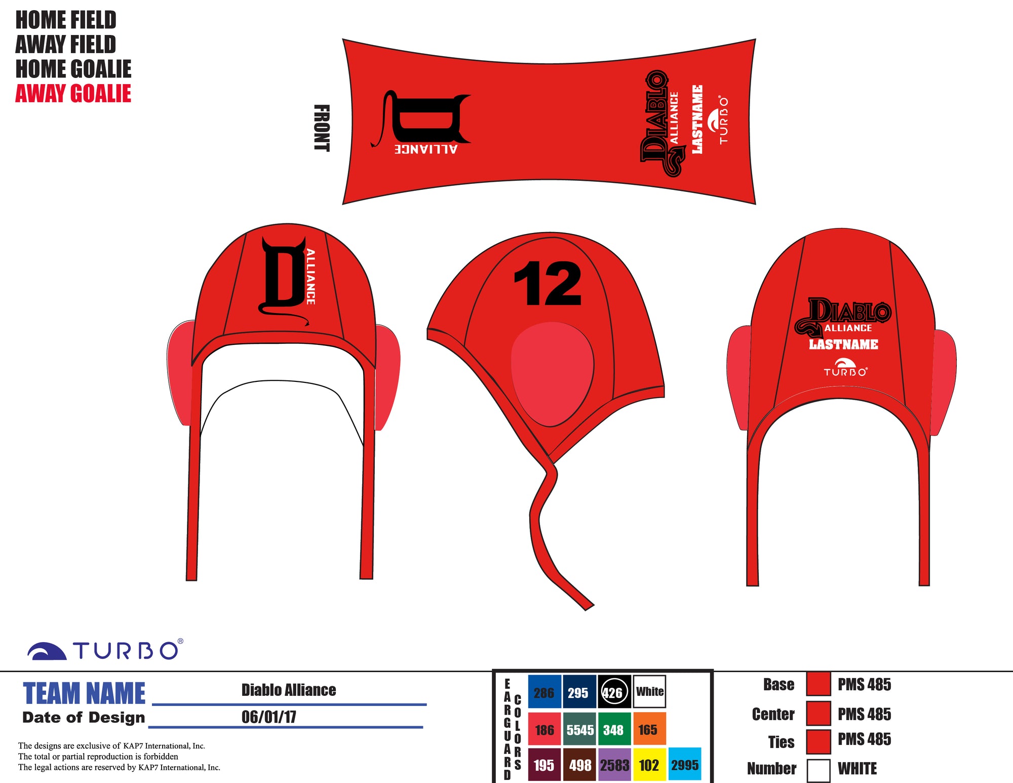 Diablo Alliance WPC Team Store - TURBO Goalie Athlete Water Polo Caps - include last name and NUMBER