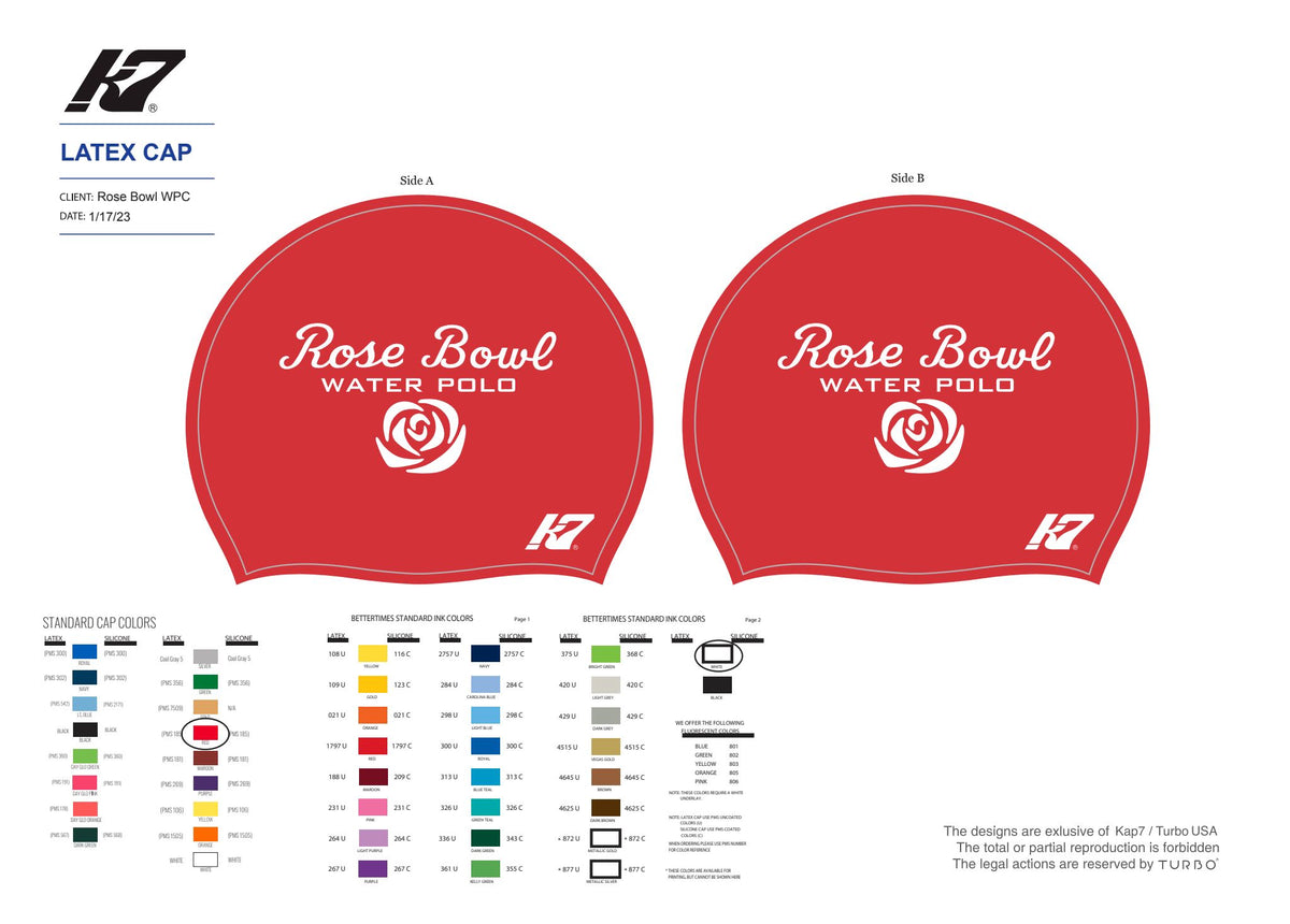 Rose Bowl Water Polo Club - Team Store - BLACK, WHITE and RED Latex Caps - required team gear for girls