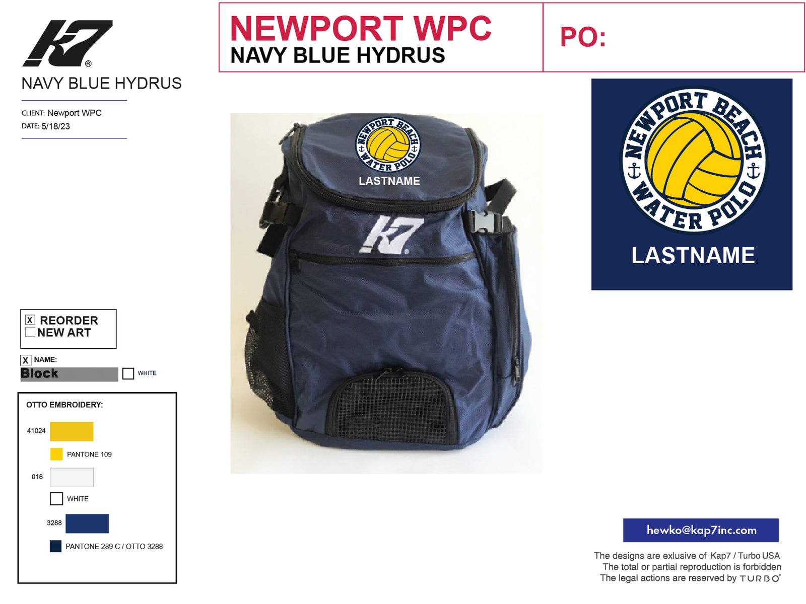 Newport Team Store - Newport Beach WPC - Navy Backpack with LAST NAME