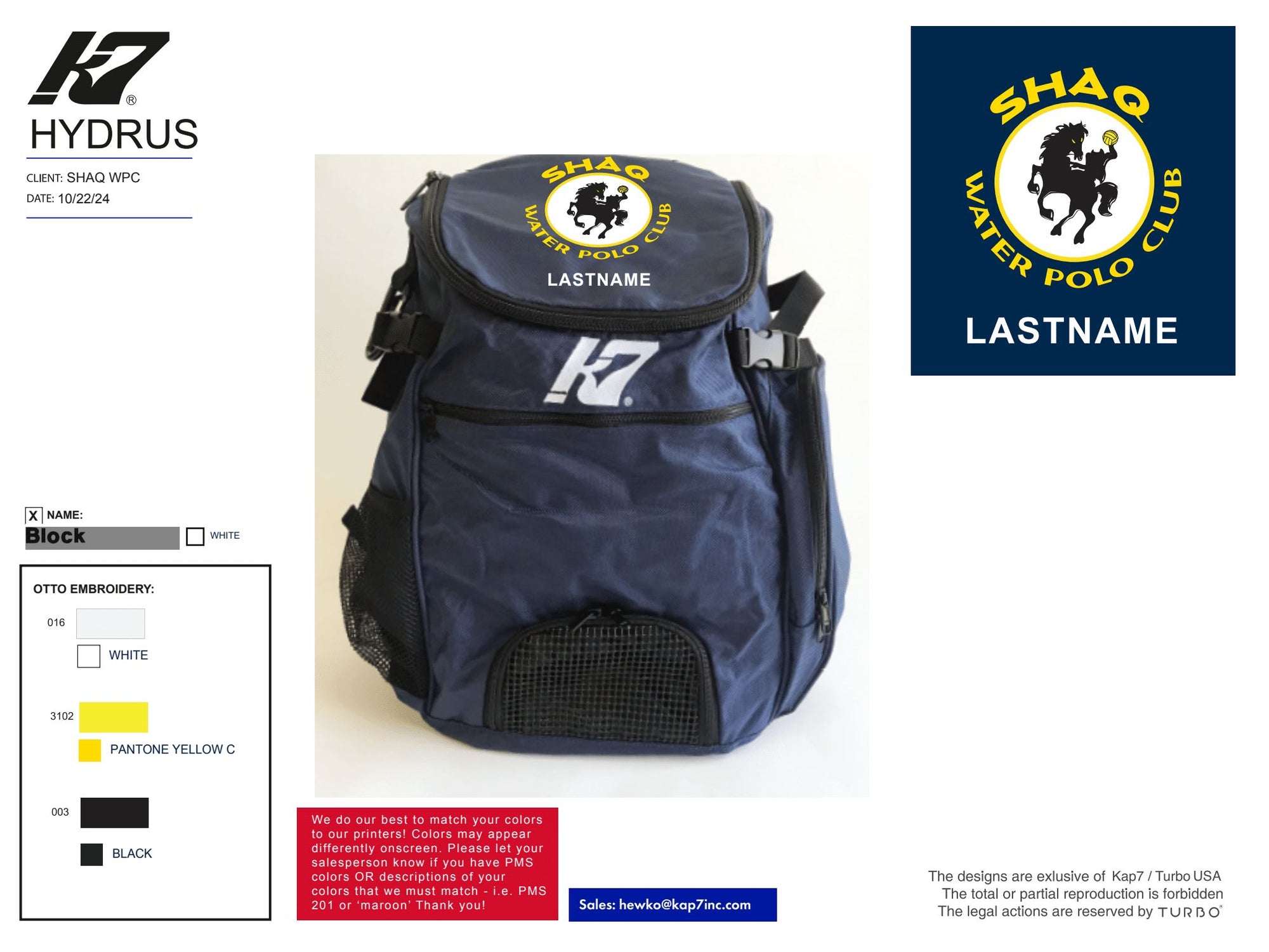 Sleepy Hollow Aquatics - SHAQ - TEAM STORE - Backpack