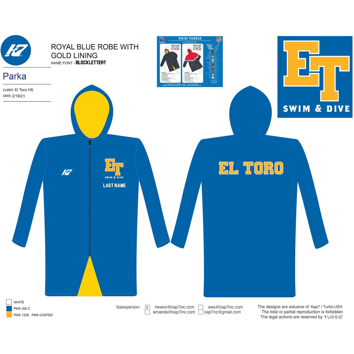 El Toro High School Water Swim & Dive Team Store -Adult Parka - Last Name KAP7 International 