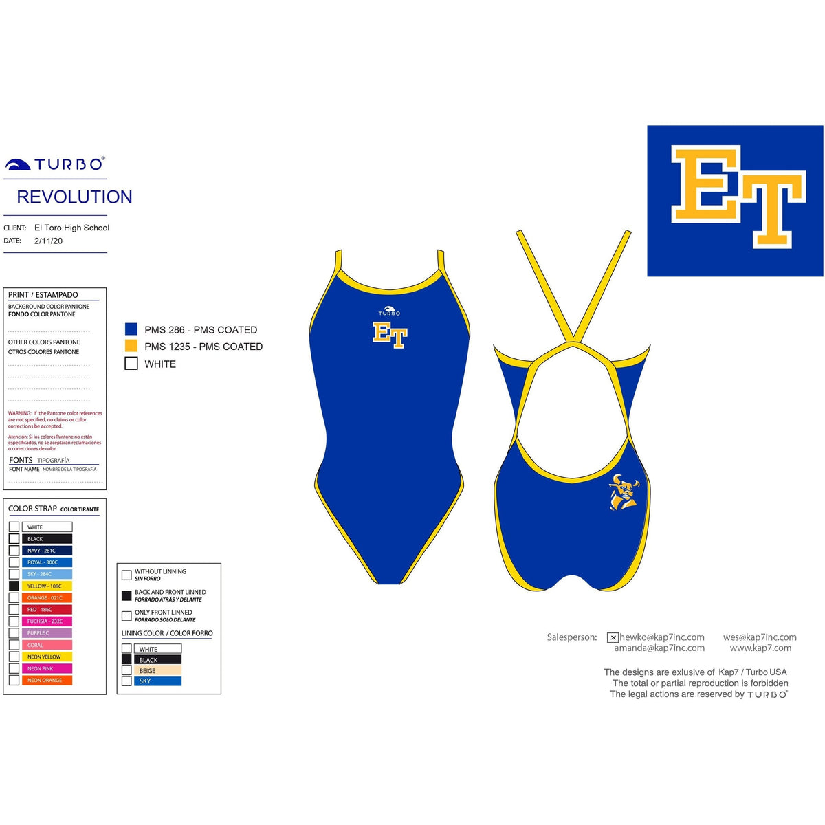 El Toro High School Swim & Dive Team Store - Revolution Swim Suit KAP7 International 