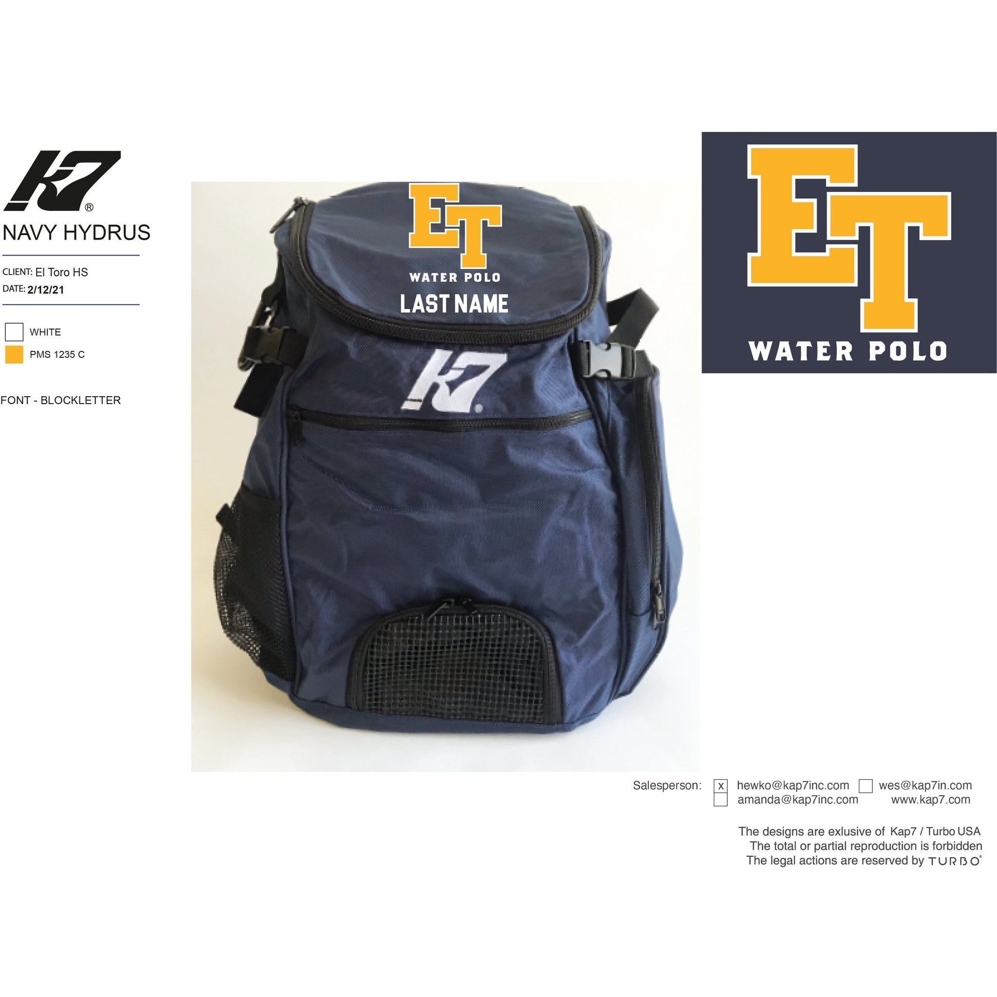 El Toro High School Water Polo Team Store - Backpack with Last Name