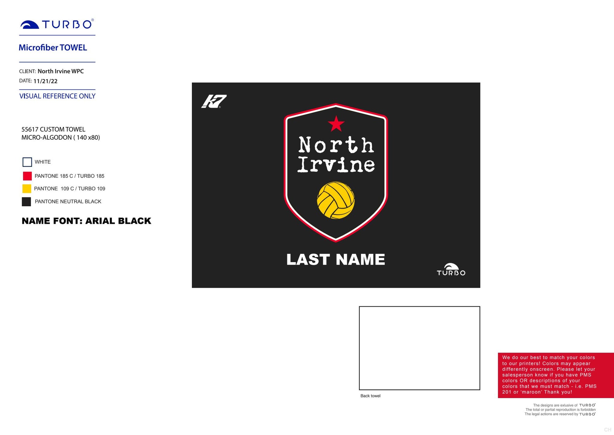 North Irvine WPC Team Store - North Irvine WPC Towel with Name